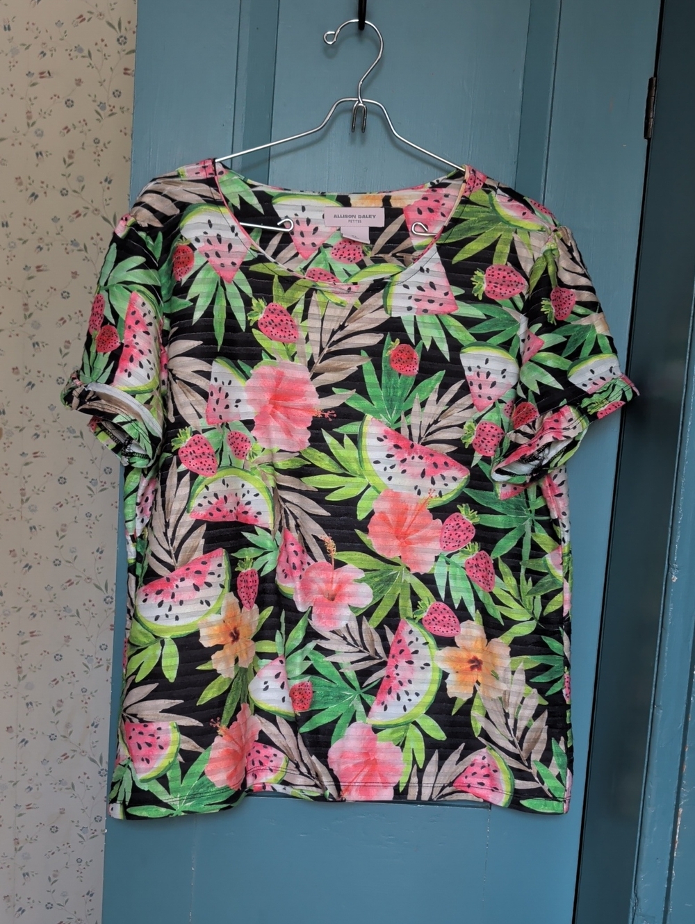 Allison Daley Top Petite L Tropical Watermelon Ruffles Black Pink Green Chic